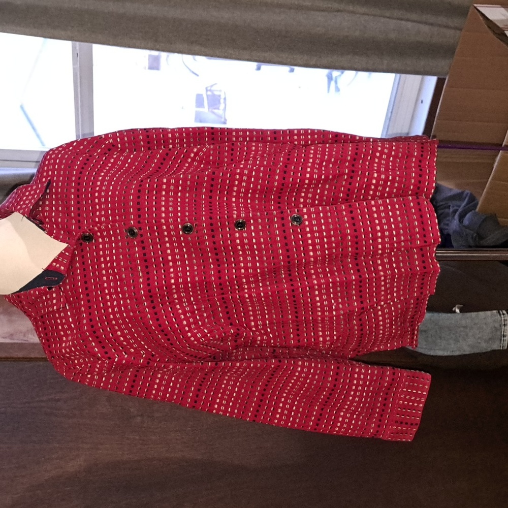 C.J.Banks 1X red with Navy blue and gray lines, jacket.